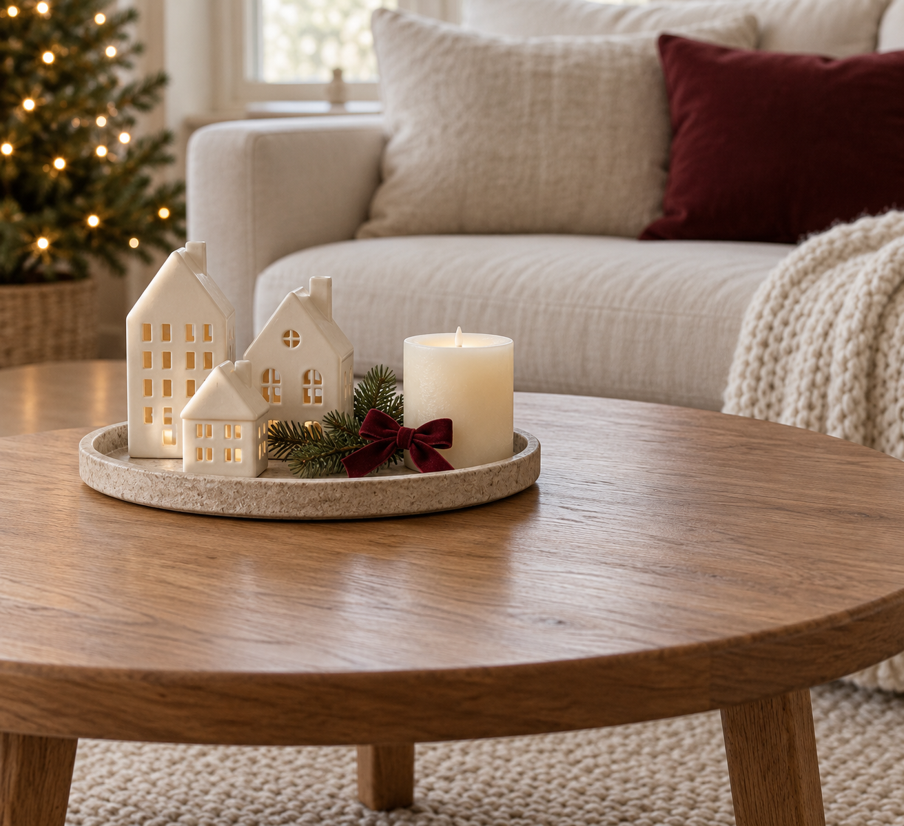 Ivory ceramic Christmas houses, evergreen and an LED candle on a small tray