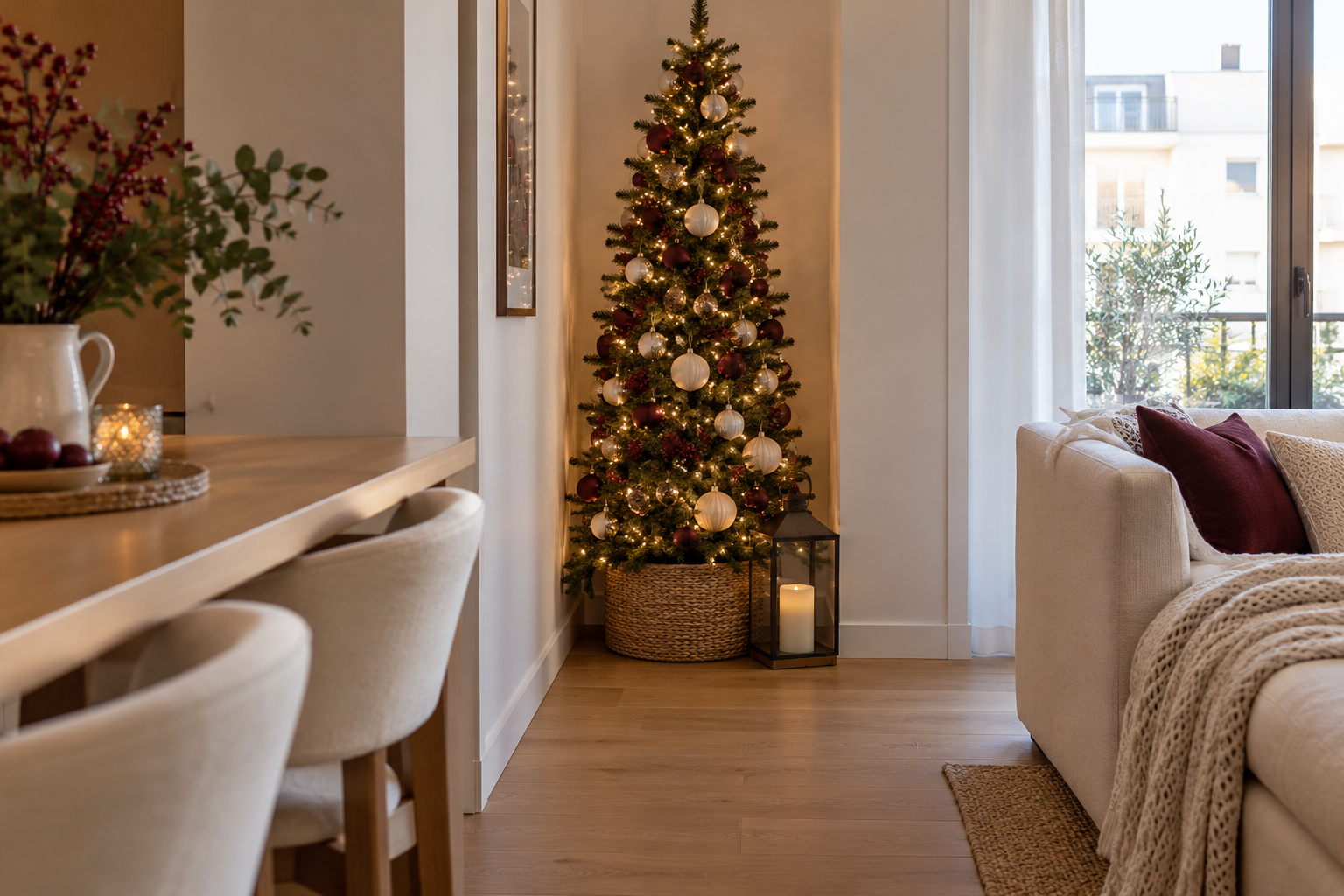 Slim Christmas tree with ivory ornaments and burgundy bows in an apartment corner